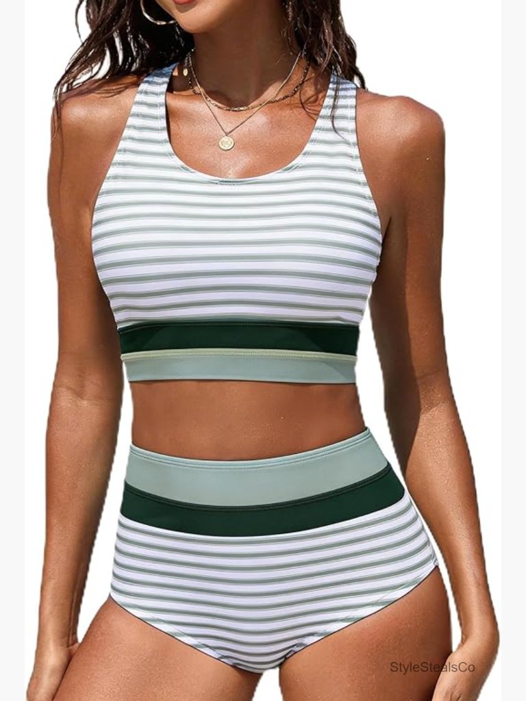 High Waisted Bikini Sets Two Piece Color Block Sporty Swimsuits